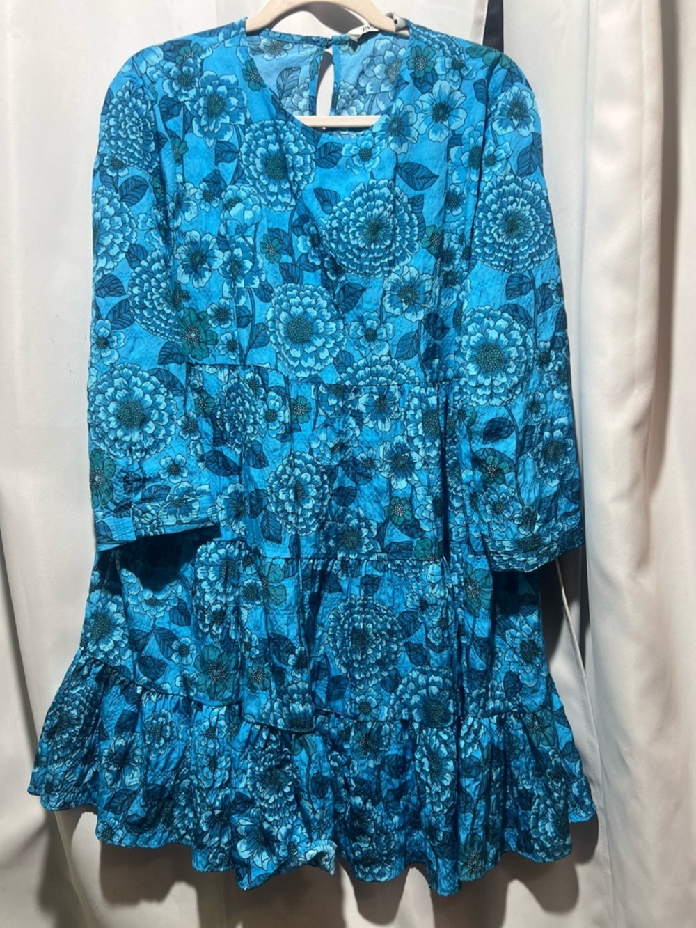 Zara Blue Floral Tiered Mini Dress Boho Flowy 3/4 Sleeve XL - Picture 3 of 6